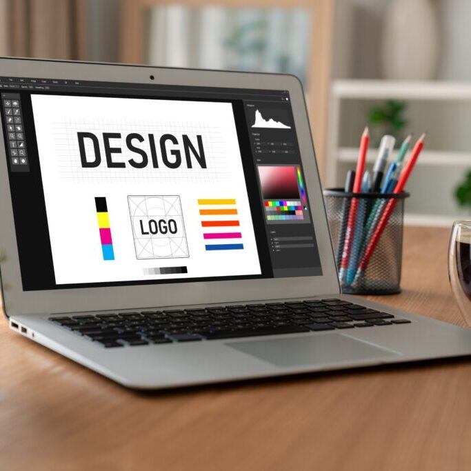 Graphic designer software for modern design of web page and commercial ads Graphic designer software for modern design of web page and commercial ads showing on the computer screen