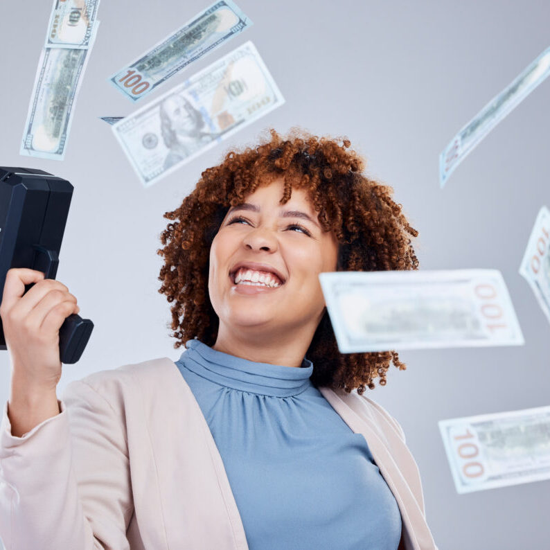 money-shooting-and-happy-woman-isolated-on-studio-2023-11-27-05-15-53-utc Money, shooting and happy woman isolated on studio background of winning, cashback success or finan.